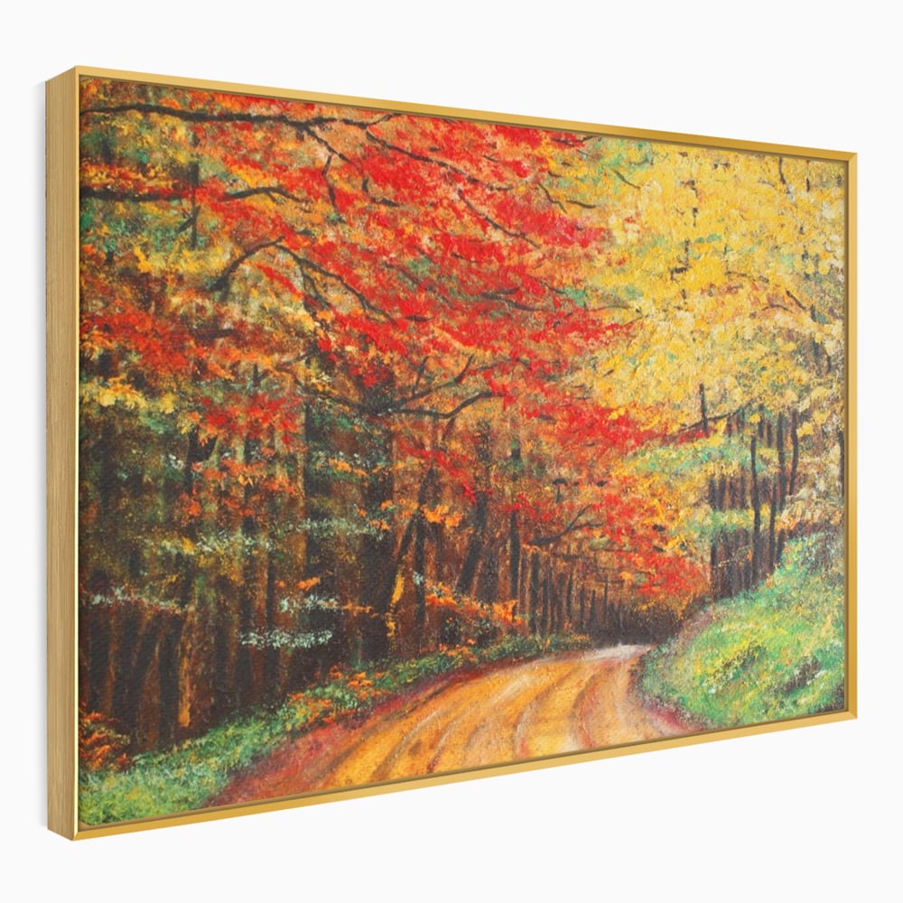 Tablou canvas cu pictura peisaj cu drum prin padure toamna, in rama de aluminiu auriu